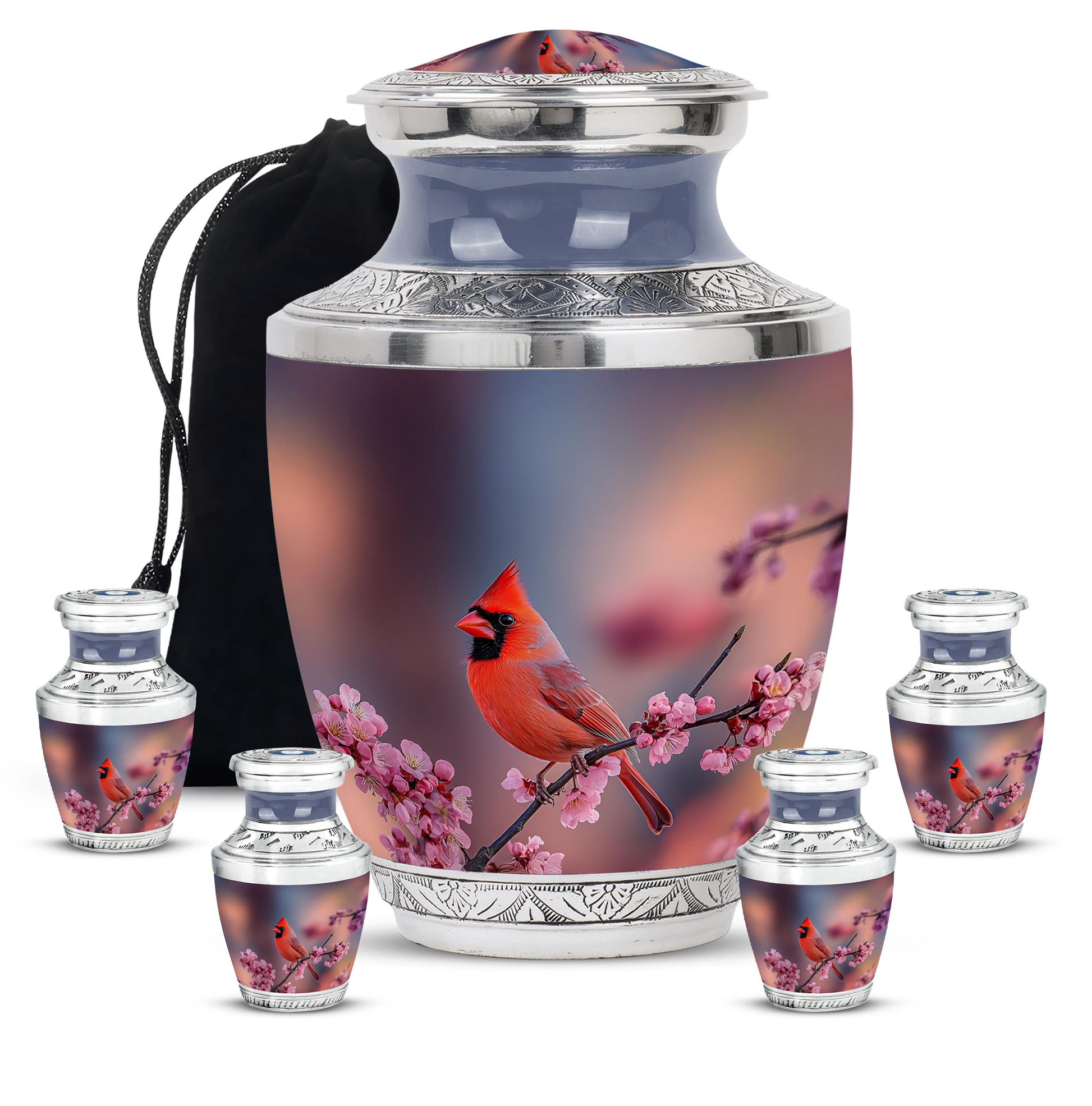 Salmon Pink Cardinal Cremation Urn lifestyle display on memorial shelf - artistic cardinal interpretation with creative detail - memorial set with one large and four small urns