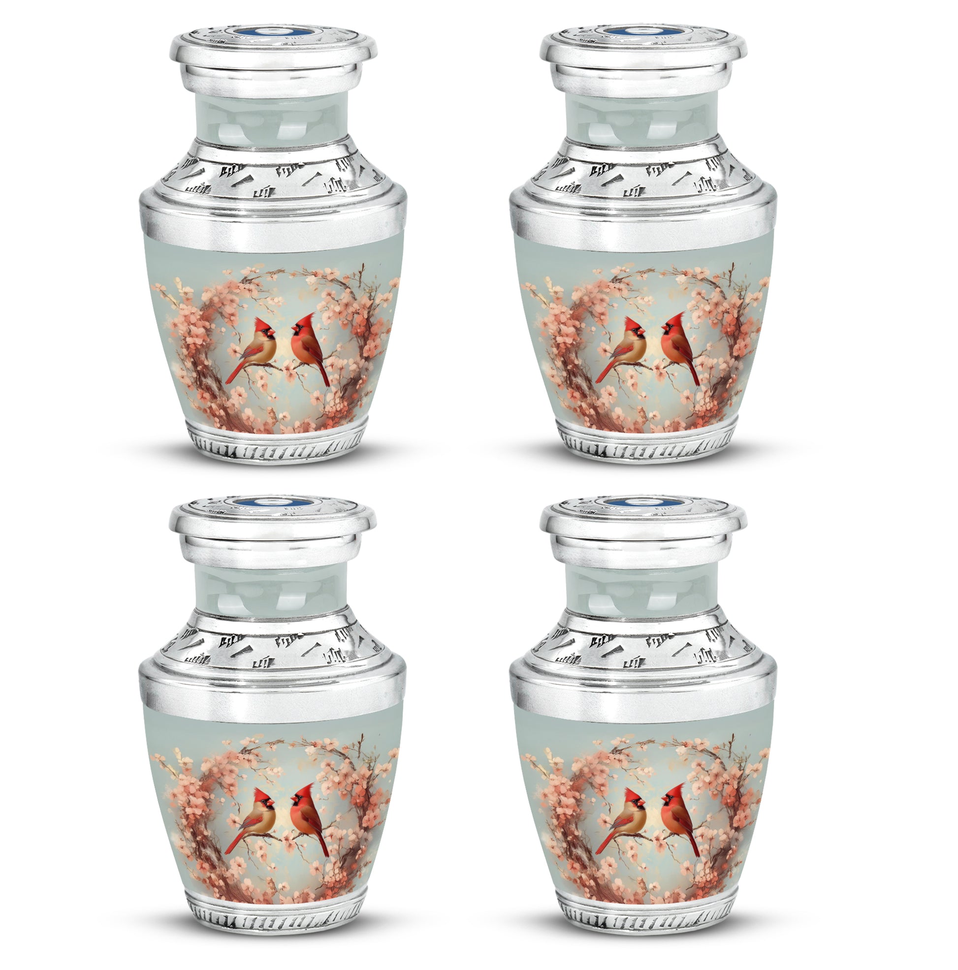Silver Gray Cardinal Cremation Urn back view with polished surface - modern art-inspired cardinal motif on sleek aluminum - 10 inch aluminum urn for cremated remains