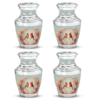 Silver Gray Cardinal Cremation Urn back view with polished surface - modern art-inspired cardinal motif on sleek aluminum - 10 inch aluminum urn for cremated remains