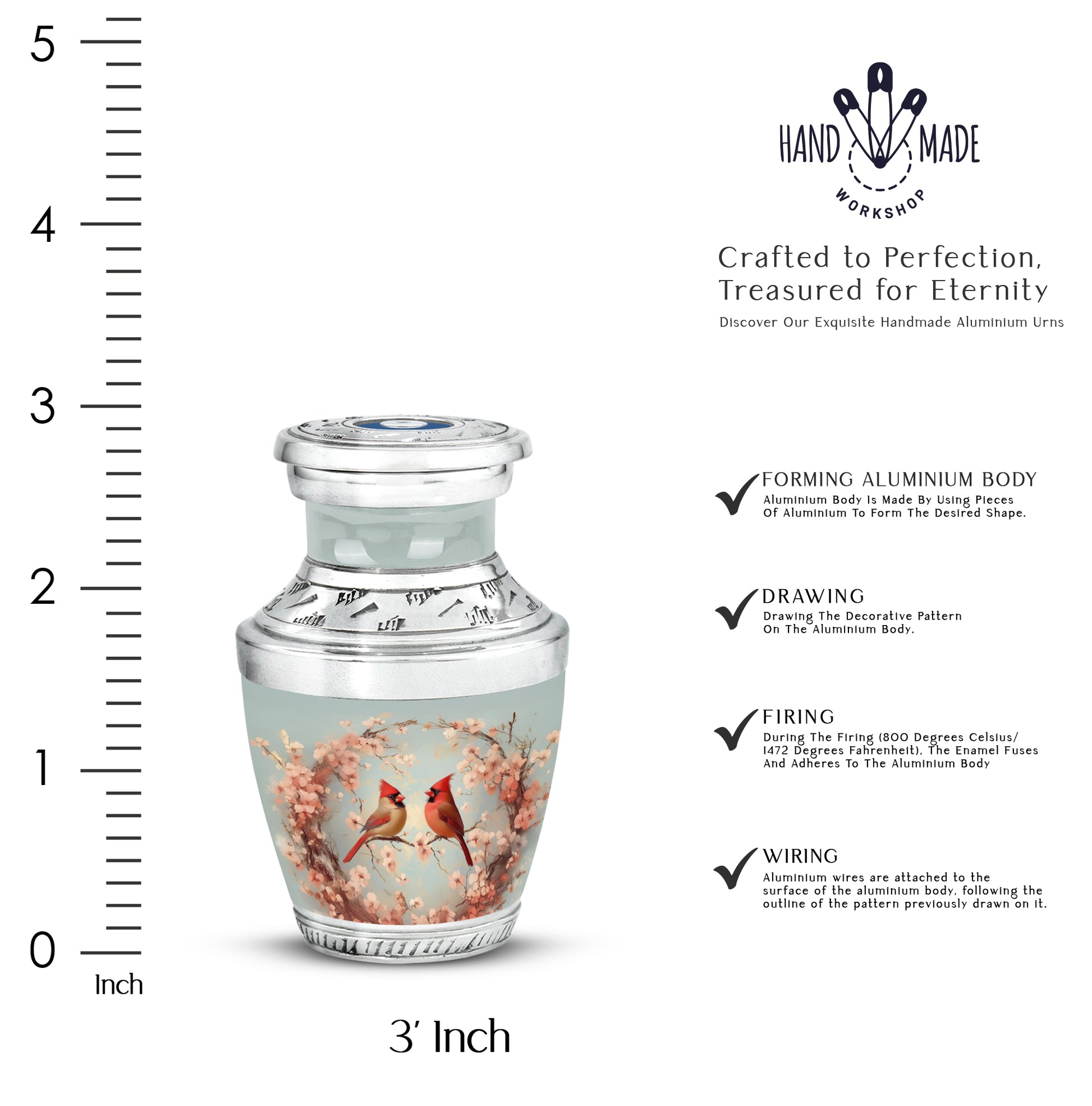Smoke Gray Cardinal Cremation Urn top-down view of secure threaded lid - artistic cardinal interpretation with creative detail - mini keepsake memorial for portion of cremation ashes