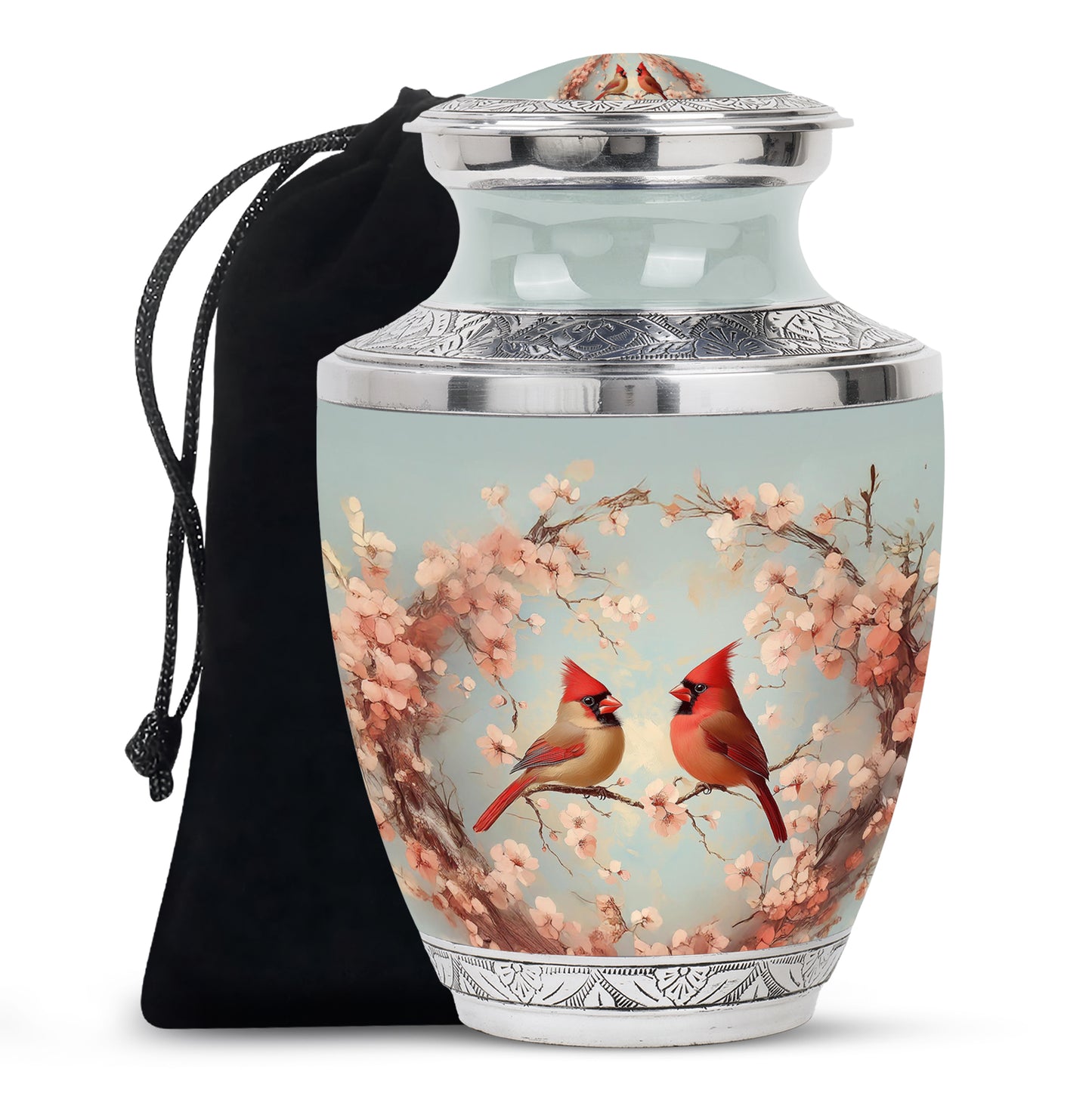 Storm Gray Cardinal Cremation Urn side profile showing urn shape - stylized abstract cardinal pattern with bold lines - full-size 10 inch 200 cubic inch adult cremation urn