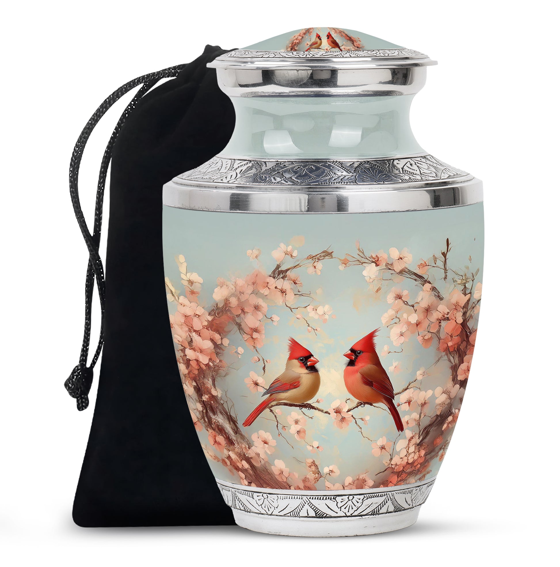 Storm Gray Cardinal Cremation Urn side profile showing urn shape - stylized abstract cardinal pattern with bold lines - full-size 10 inch 200 cubic inch adult cremation urn