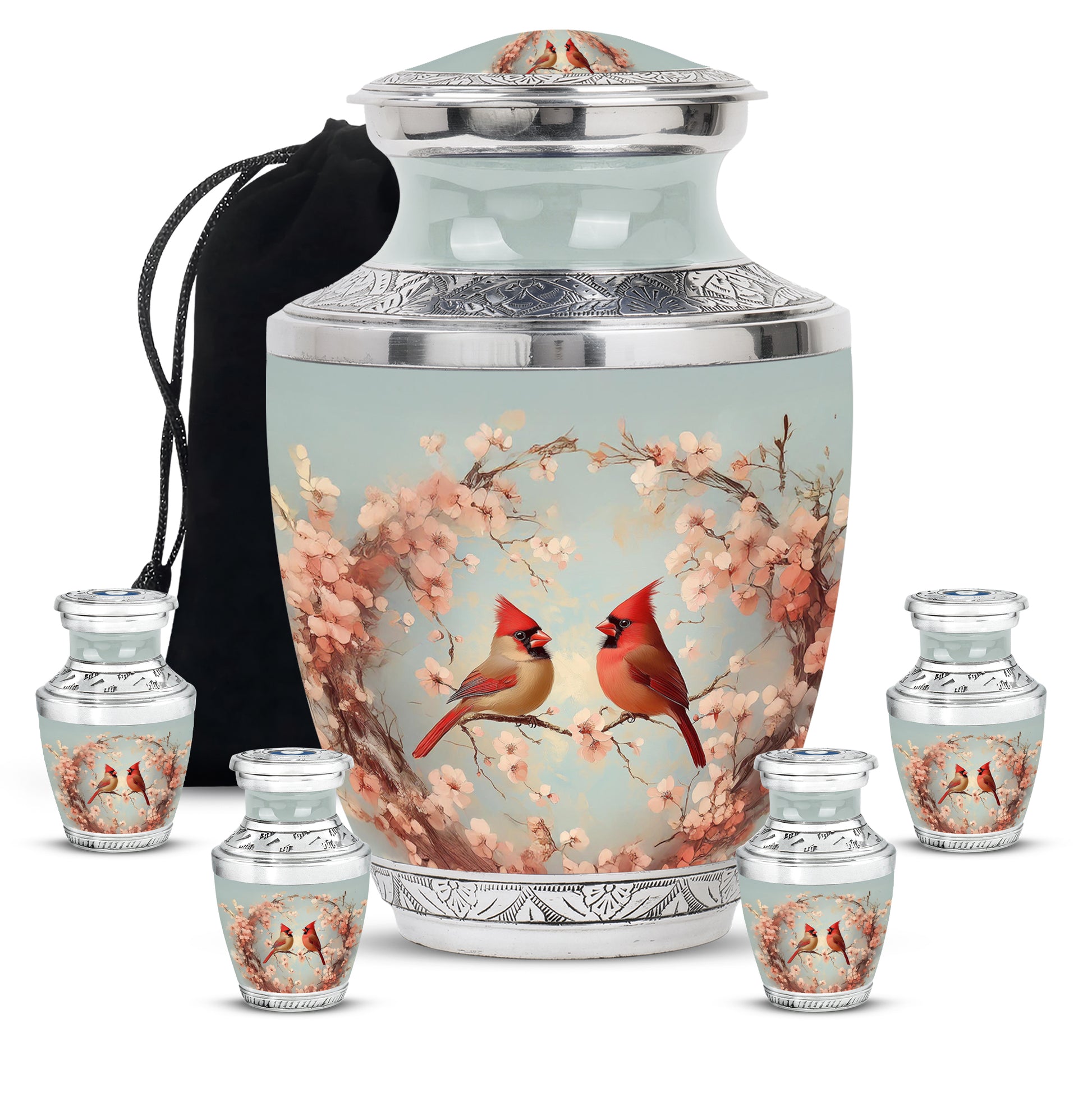 Storm Gray Cardinal Cremation Urn lifestyle display on memorial shelf - stylized abstract cardinal pattern with bold lines - memorial set with one large and four small urns