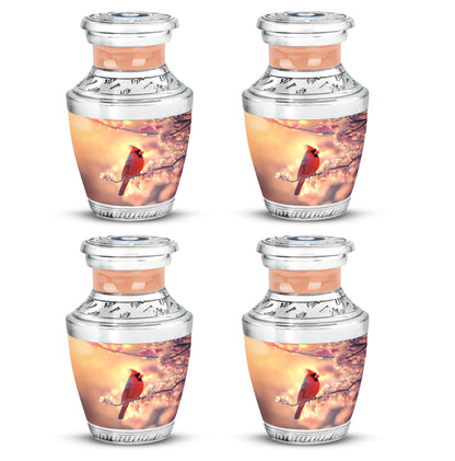 Burnished Gold Cardinal Cremation Urn back view with polished surface - stylized abstract cardinal pattern with bold lines - 10 inch aluminum urn for cremated remains