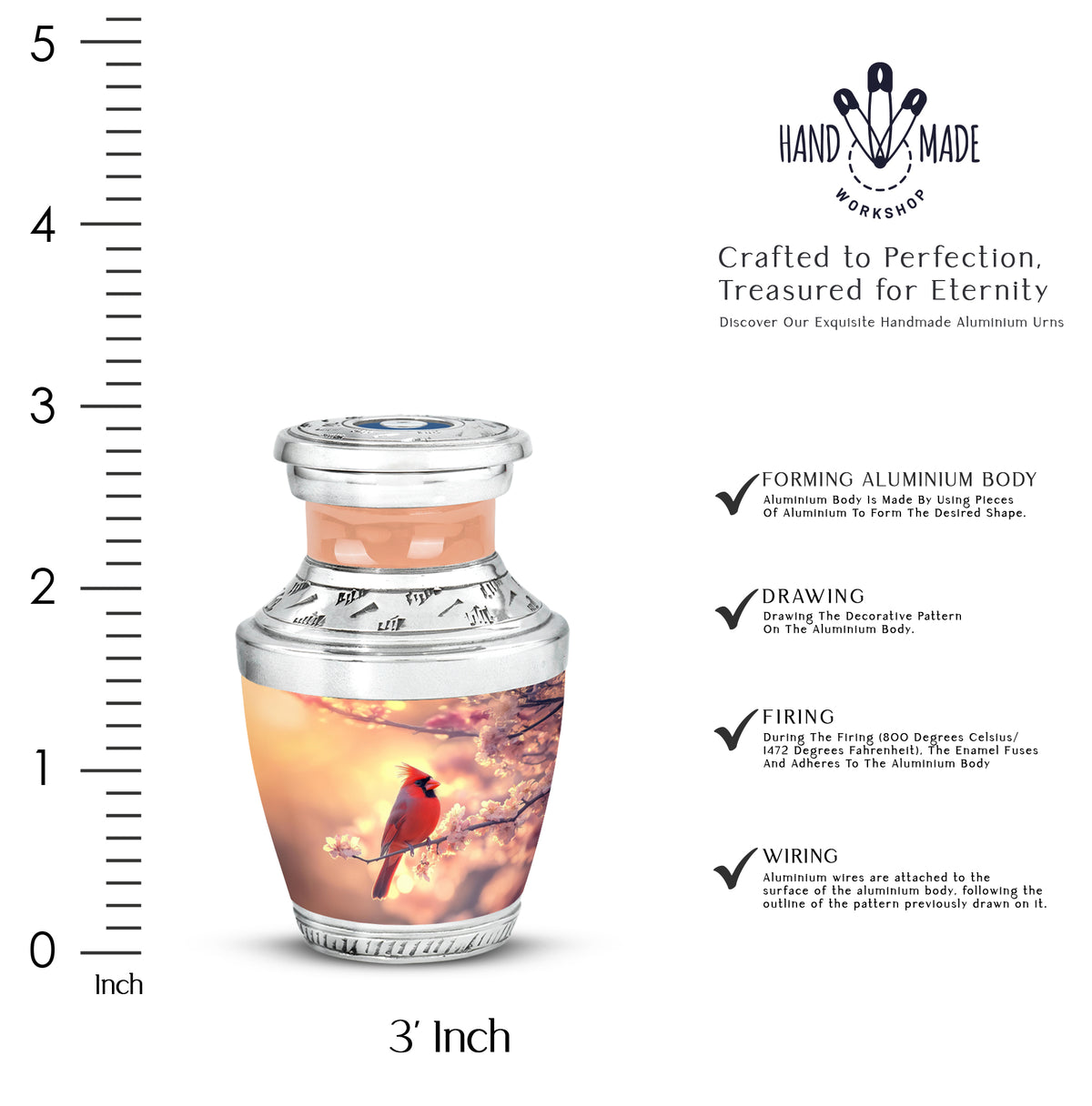 Warm Gold Cardinal Cremation Urn top-down view of secure threaded lid - stylized abstract cardinal pattern with bold lines - mini keepsake memorial for portion of cremation ashes