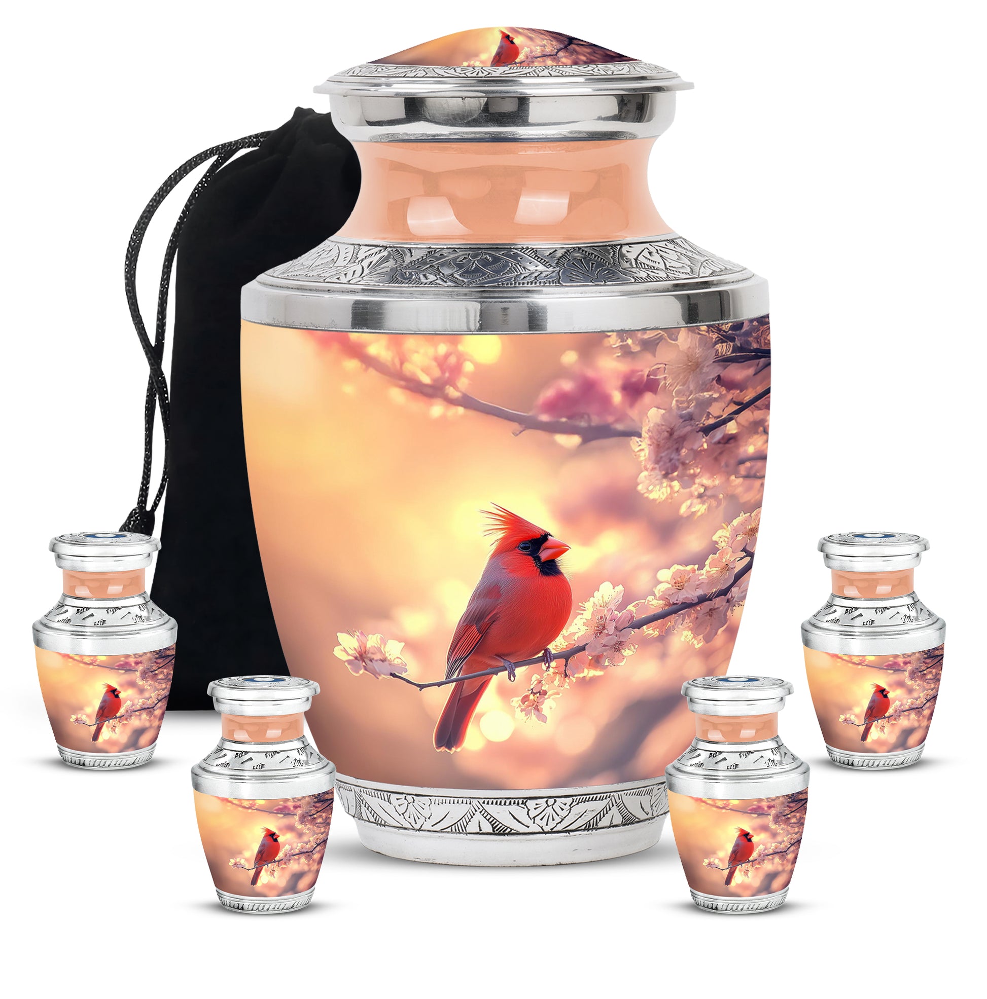 Champagne Gold Cardinal Cremation Urn lifestyle display on memorial shelf - contemporary cardinal design with modern artistic flair - memorial set with one large and four small urns