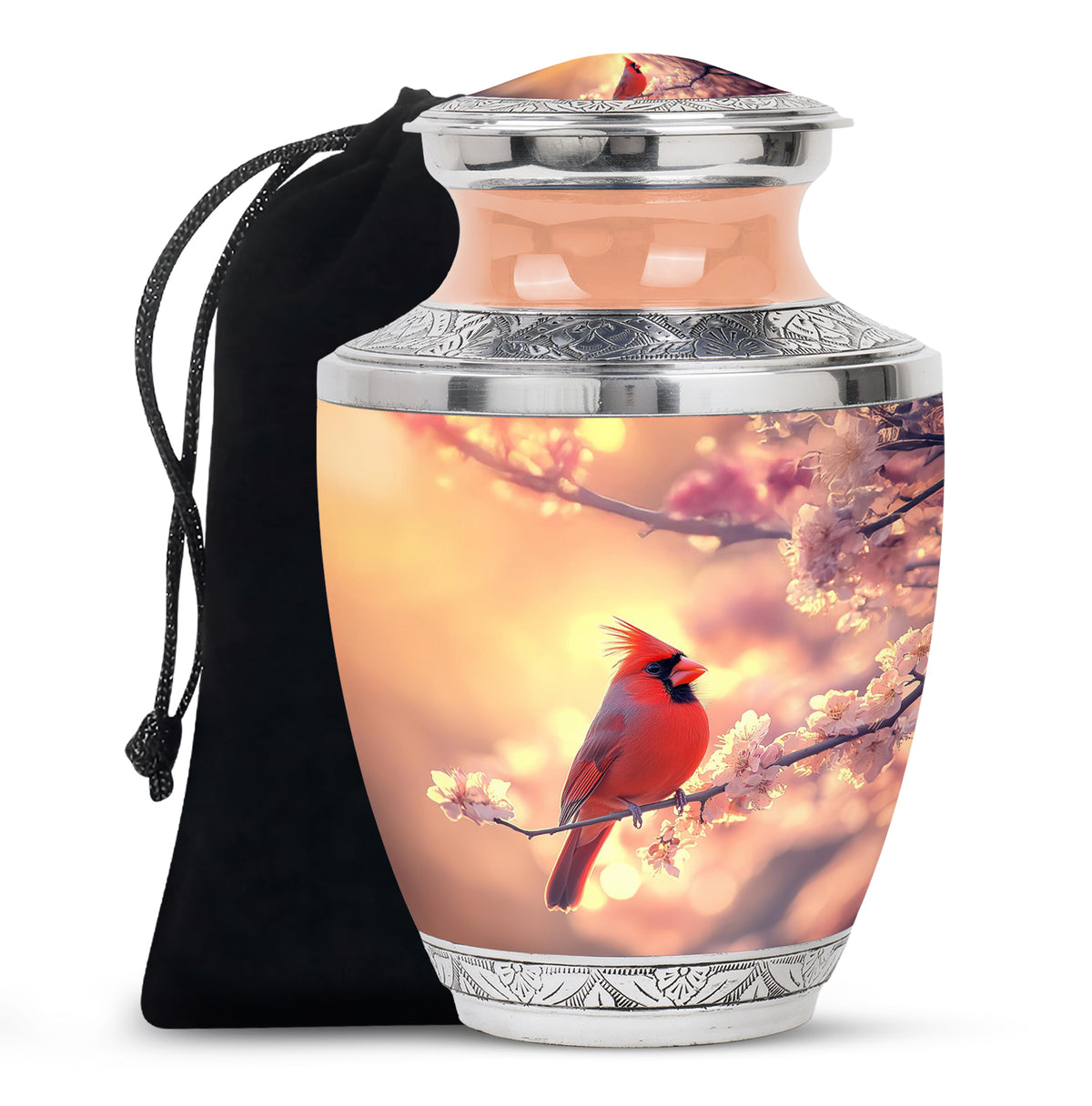 Royal Gold Cardinal Cremation Urn side profile showing urn shape - stylized abstract cardinal pattern with bold lines - full-size 10 inch 200 cubic inch adult cremation urn