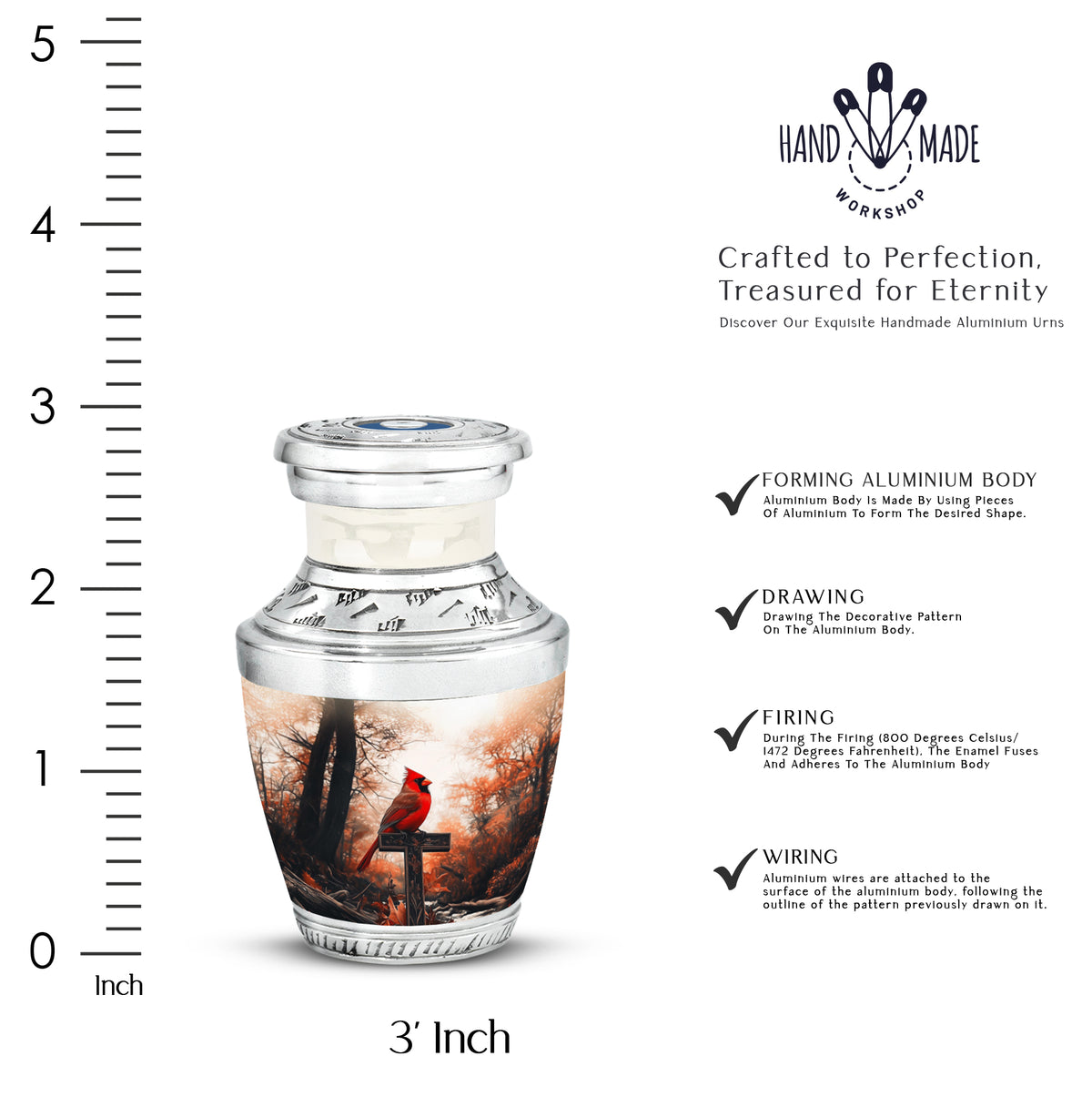 Champagne Gold Cardinal Cremation Urn top-down view of secure threaded lid - contemporary cardinal design with modern artistic flair - mini keepsake memorial for portion of cremation ashes