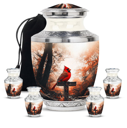 Warm Gold Cardinal Cremation Urn lifestyle display on memorial shelf - artistic cardinal interpretation with creative detail - memorial set with one large and four small urns