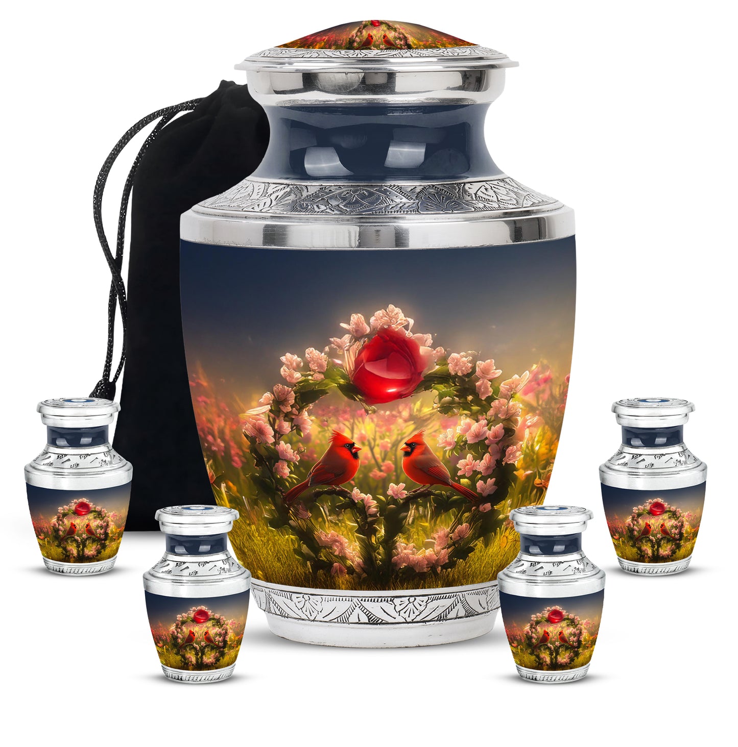 Twilight Blue Cardinal Cremation Urn lifestyle display on memorial shelf - stylized abstract cardinal pattern with bold lines - memorial set with one large and four small urns