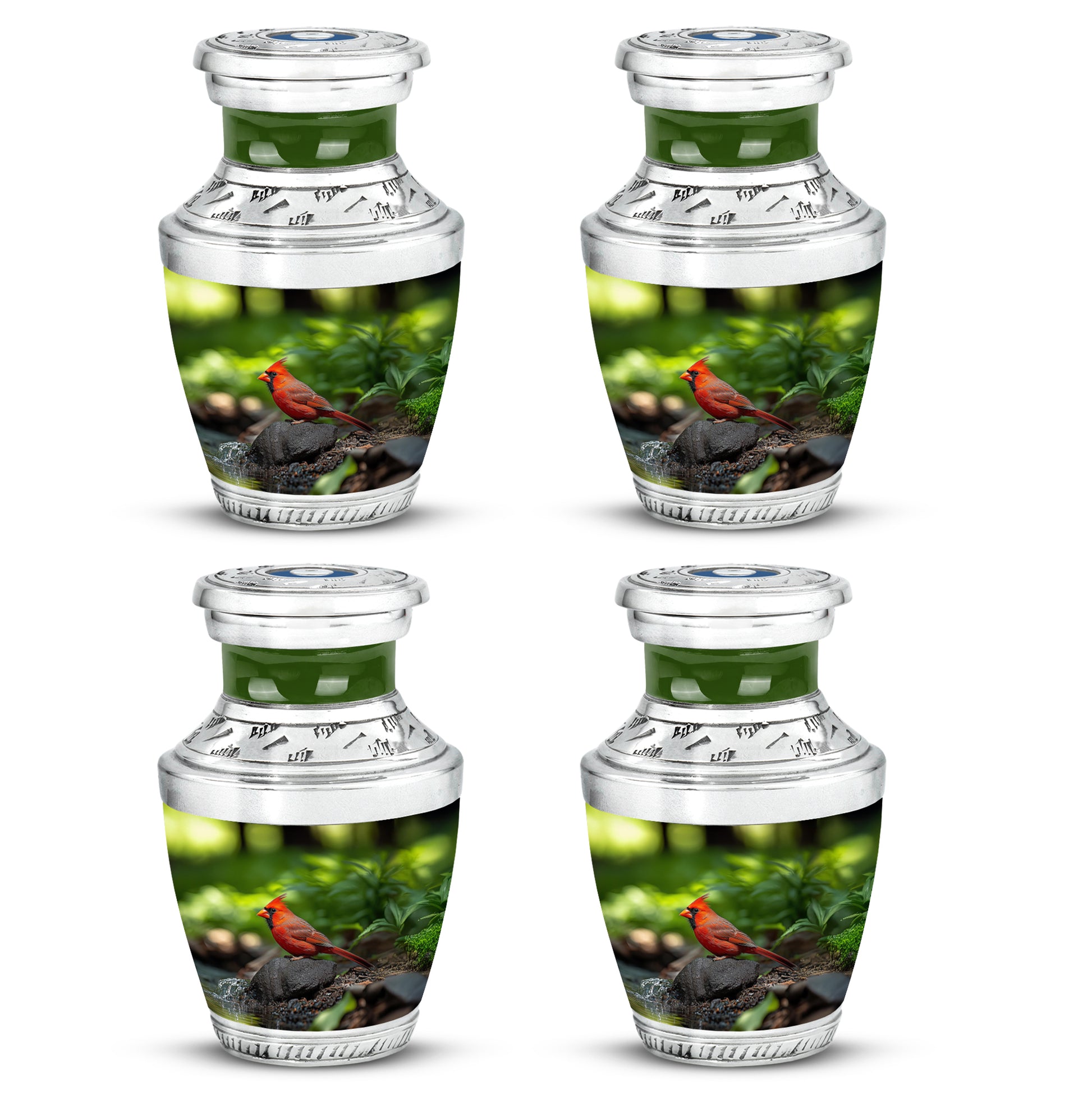 Moss Green Cardinal Cremation Urn back view with polished surface - contemporary cardinal design with modern artistic flair - 10 inch aluminum urn for cremated remains