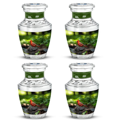 Moss Green Cardinal Cremation Urn back view with polished surface - contemporary cardinal design with modern artistic flair - 10 inch aluminum urn for cremated remains