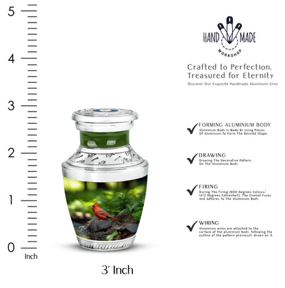 Mint Green Cardinal Cremation Urn top-down view of secure threaded lid - artistic cardinal interpretation with creative detail - mini keepsake memorial for portion of cremation ashes