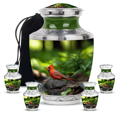 Moss Green Cardinal Cremation Urn lifestyle display on memorial shelf - contemporary cardinal design with modern artistic flair - memorial set with one large and four small urns