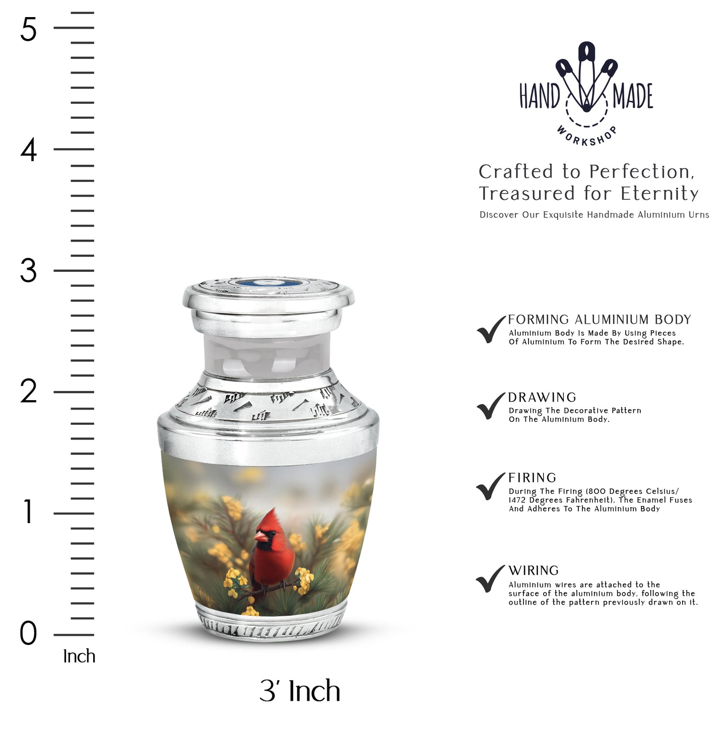 Mist Gray Cardinal Cremation Urn top-down view of secure threaded lid - modern art-inspired cardinal motif on sleek aluminum - mini keepsake memorial for portion of cremation ashes