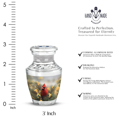 Mist Gray Cardinal Cremation Urn top-down view of secure threaded lid - modern art-inspired cardinal motif on sleek aluminum - mini keepsake memorial for portion of cremation ashes