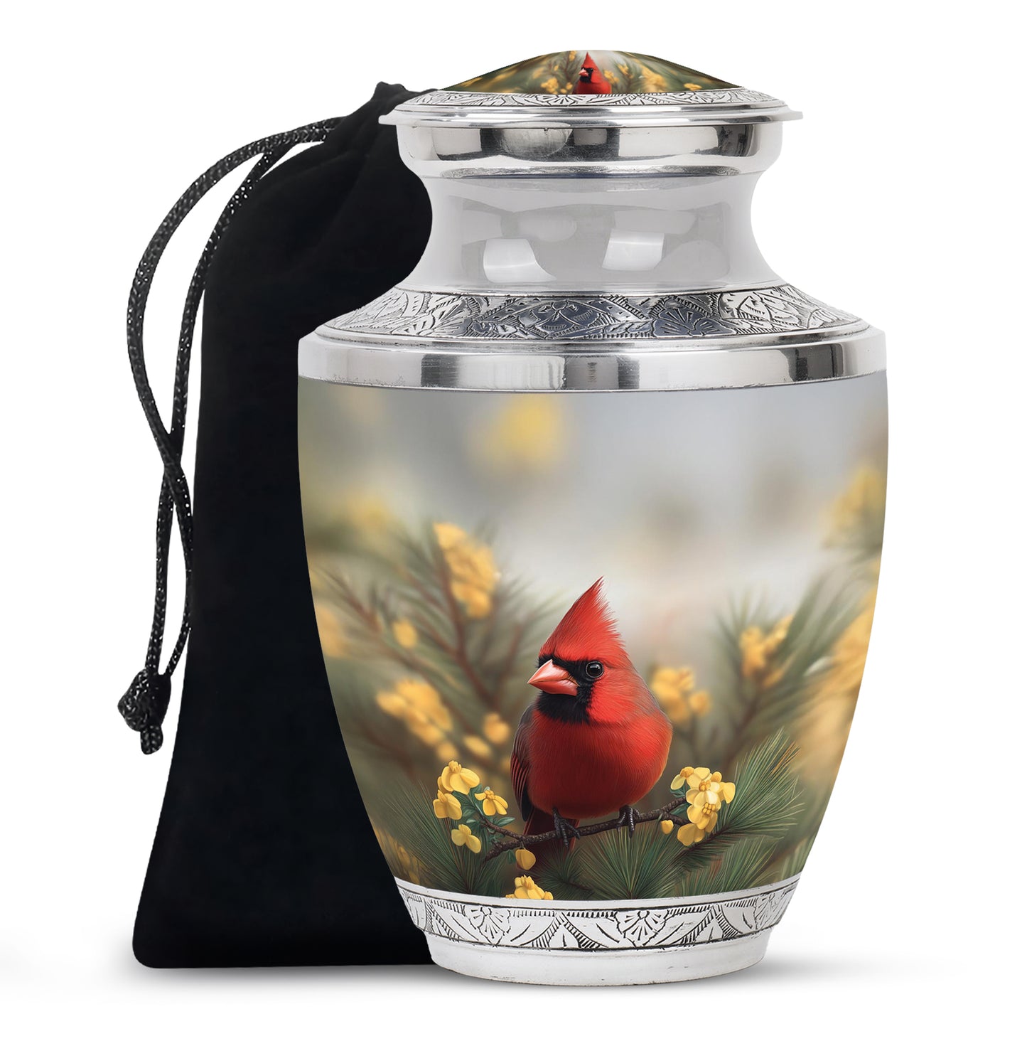 Storm Gray Cardinal Cremation Urn side profile showing urn shape - artistic cardinal interpretation with creative detail - full-size 10 inch 200 cubic inch adult cremation urn