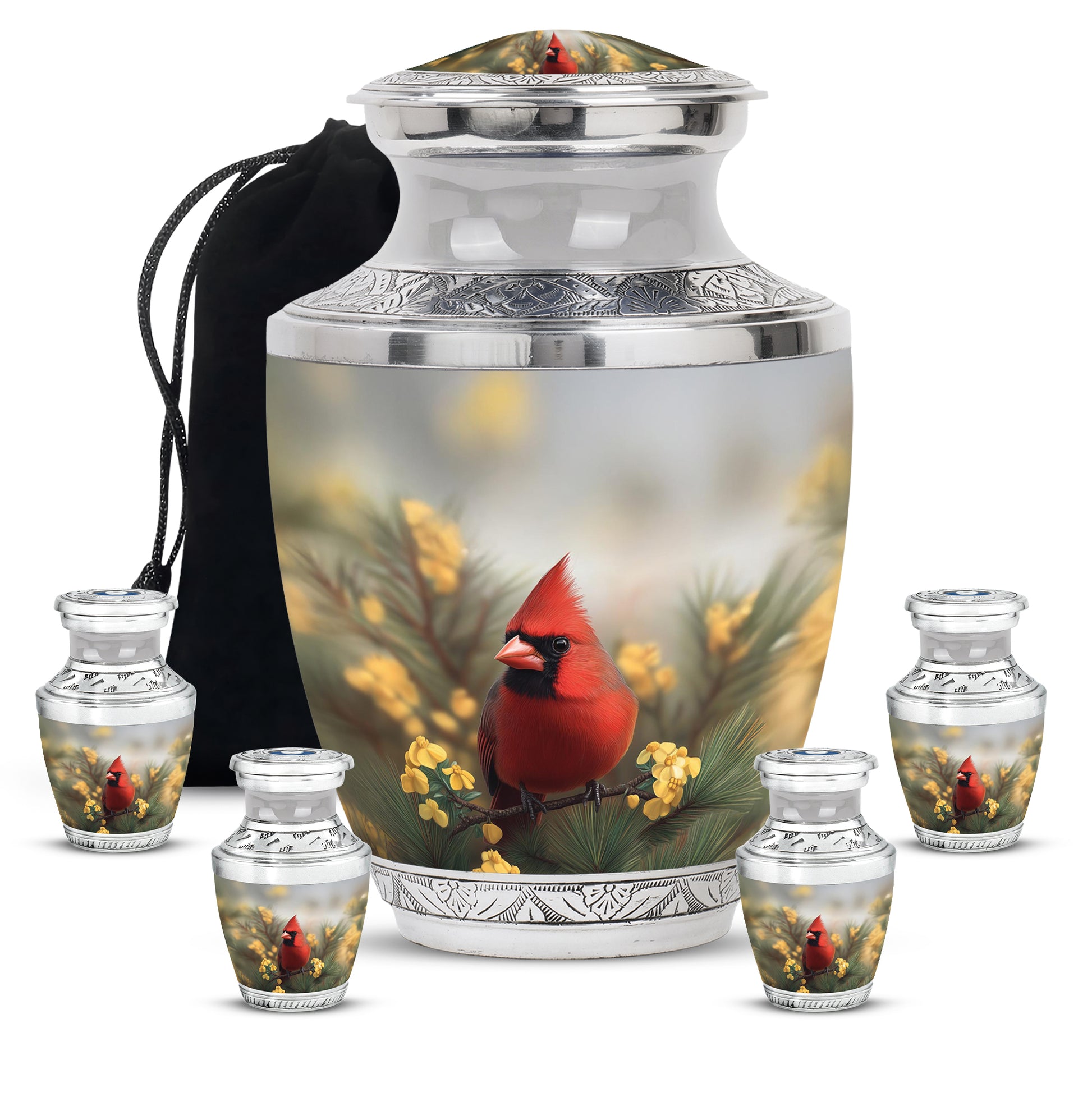 Storm Gray Cardinal Cremation Urn lifestyle display on memorial shelf - stylized abstract cardinal pattern with bold lines - memorial set with one large and four small urns