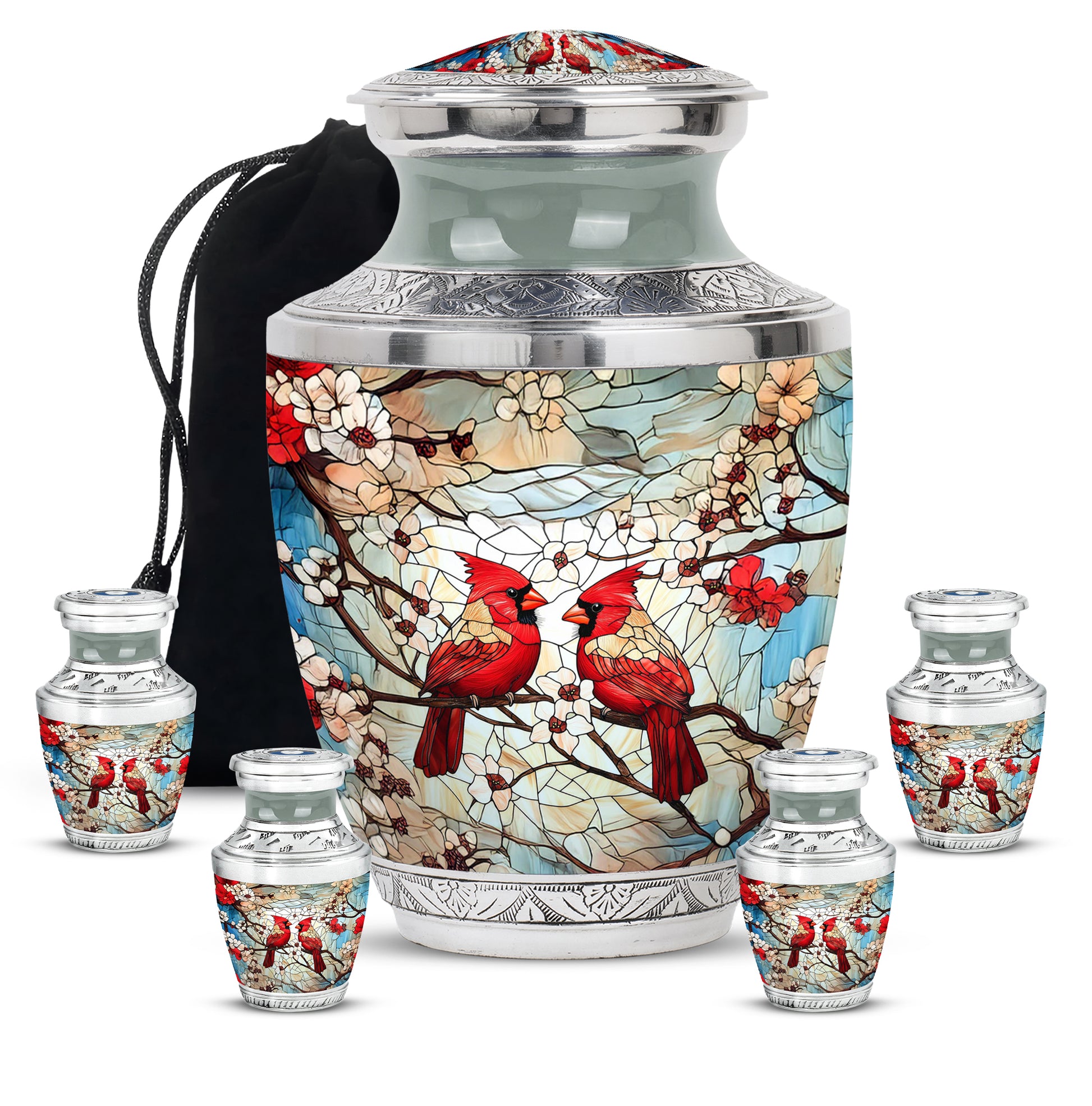 Warm Gold Cardinal Cremation Urn lifestyle display on memorial shelf - artistic cardinal interpretation with creative detail - memorial set with one large and four small urns