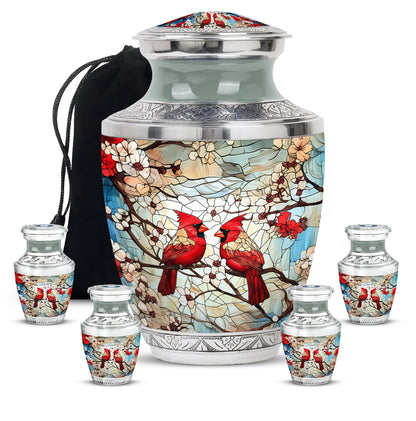 Warm Gold Cardinal Cremation Urn lifestyle display on memorial shelf - artistic cardinal interpretation with creative detail - memorial set with one large and four small urns