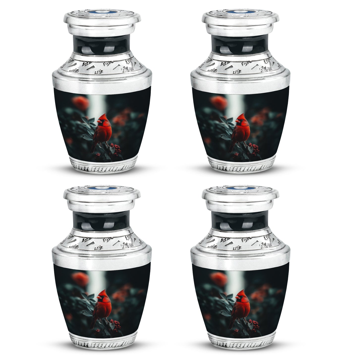 Deep Black Cardinal Cremation Urn back view with polished surface - contemporary cardinal design with modern artistic flair - 10 inch aluminum urn for cremated remains