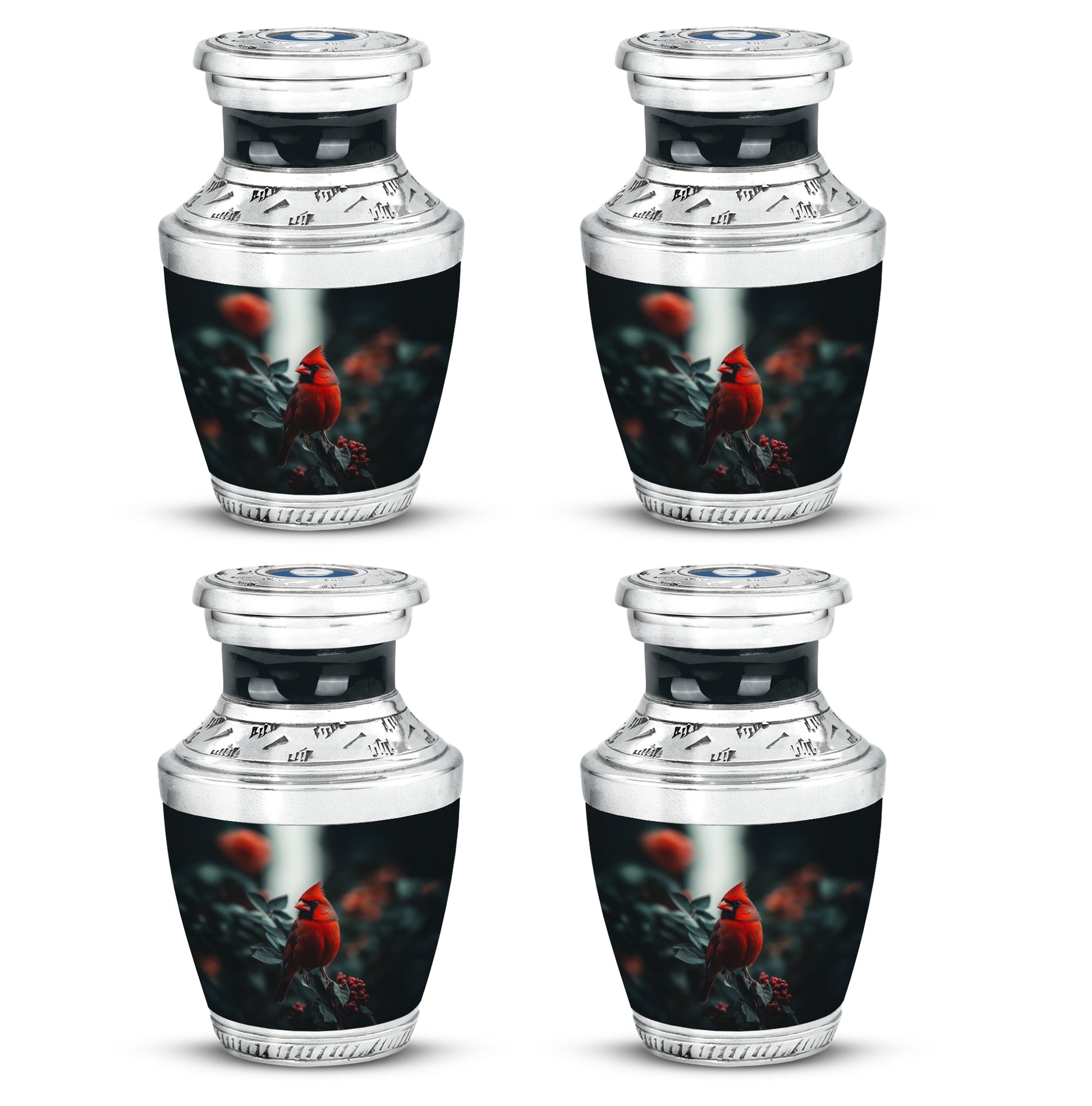 Deep Black Cardinal Cremation Urn back view with polished surface - contemporary cardinal design with modern artistic flair - 10 inch aluminum urn for cremated remains