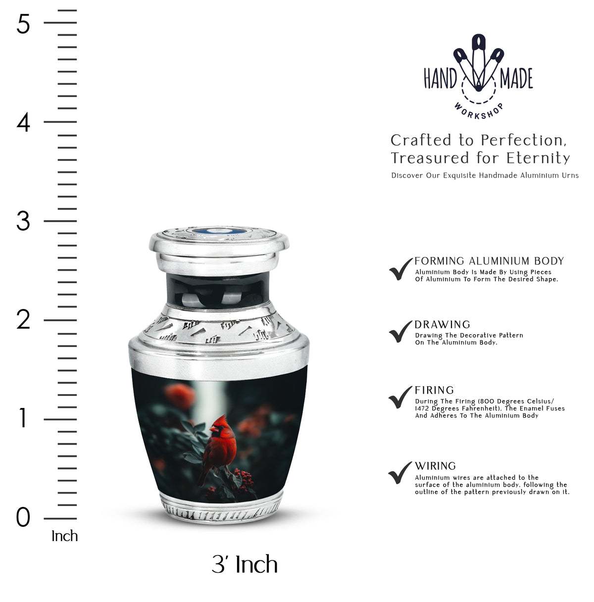 Onyx Black Cardinal Cremation Urn top-down view of secure threaded lid - stylized abstract cardinal pattern with bold lines - mini keepsake memorial for portion of cremation ashes