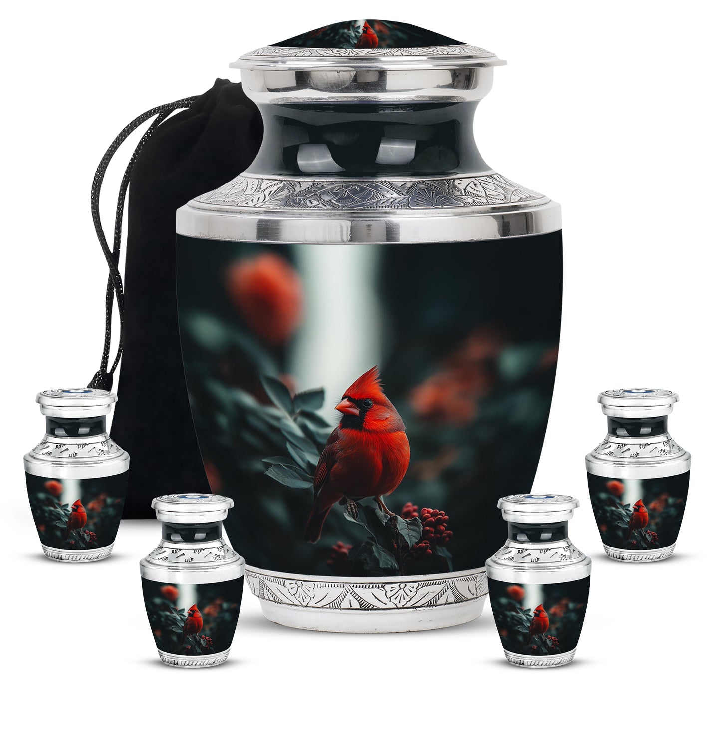 Obsidian Black Cardinal Cremation Urn lifestyle display on memorial shelf - stylized abstract cardinal pattern with bold lines - memorial set with one large and four small urns