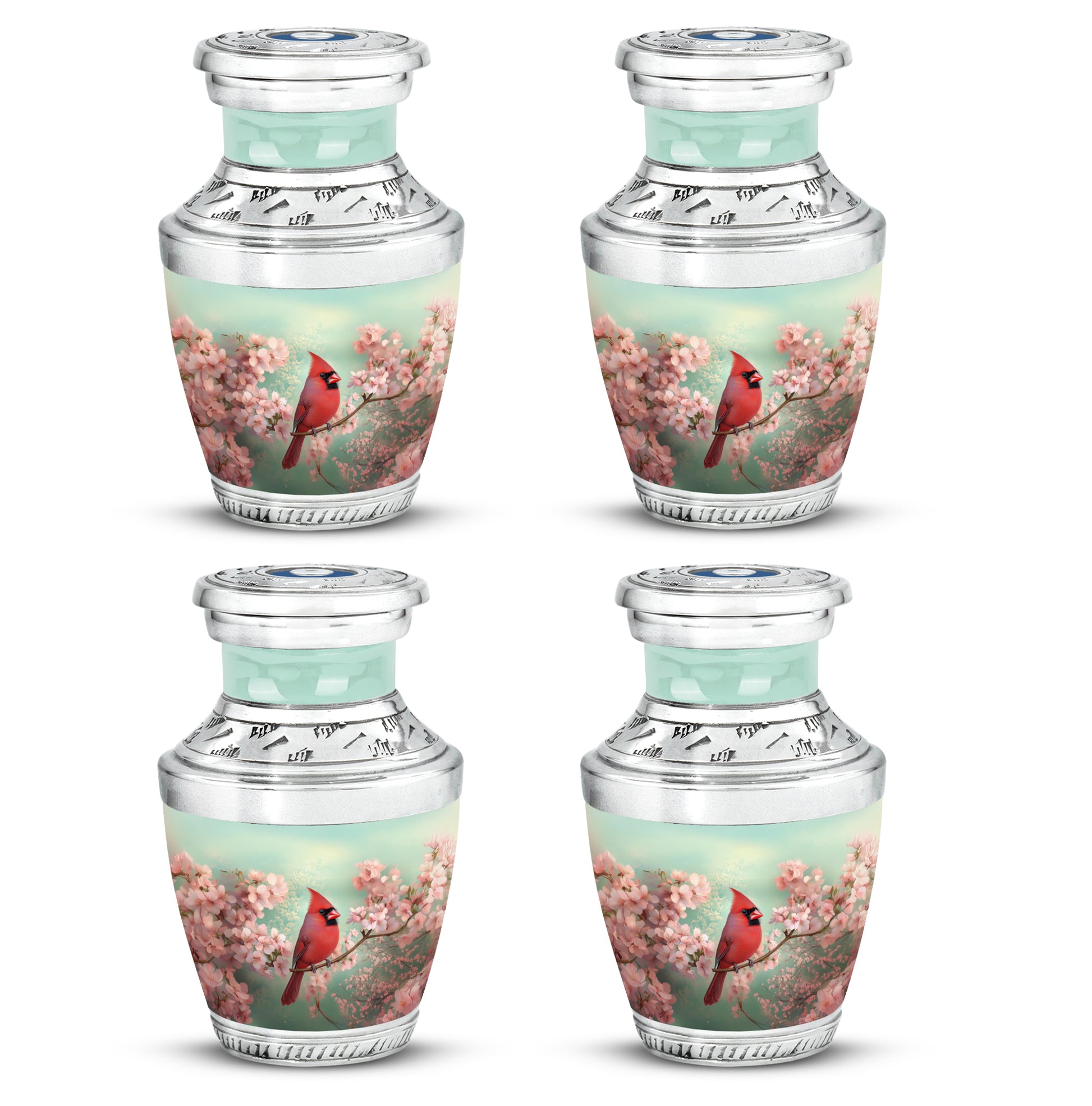 Forest Green Cardinal Cremation Urn back view with polished surface - artistic cardinal interpretation with creative detail - 10 inch aluminum urn for cremated remains
