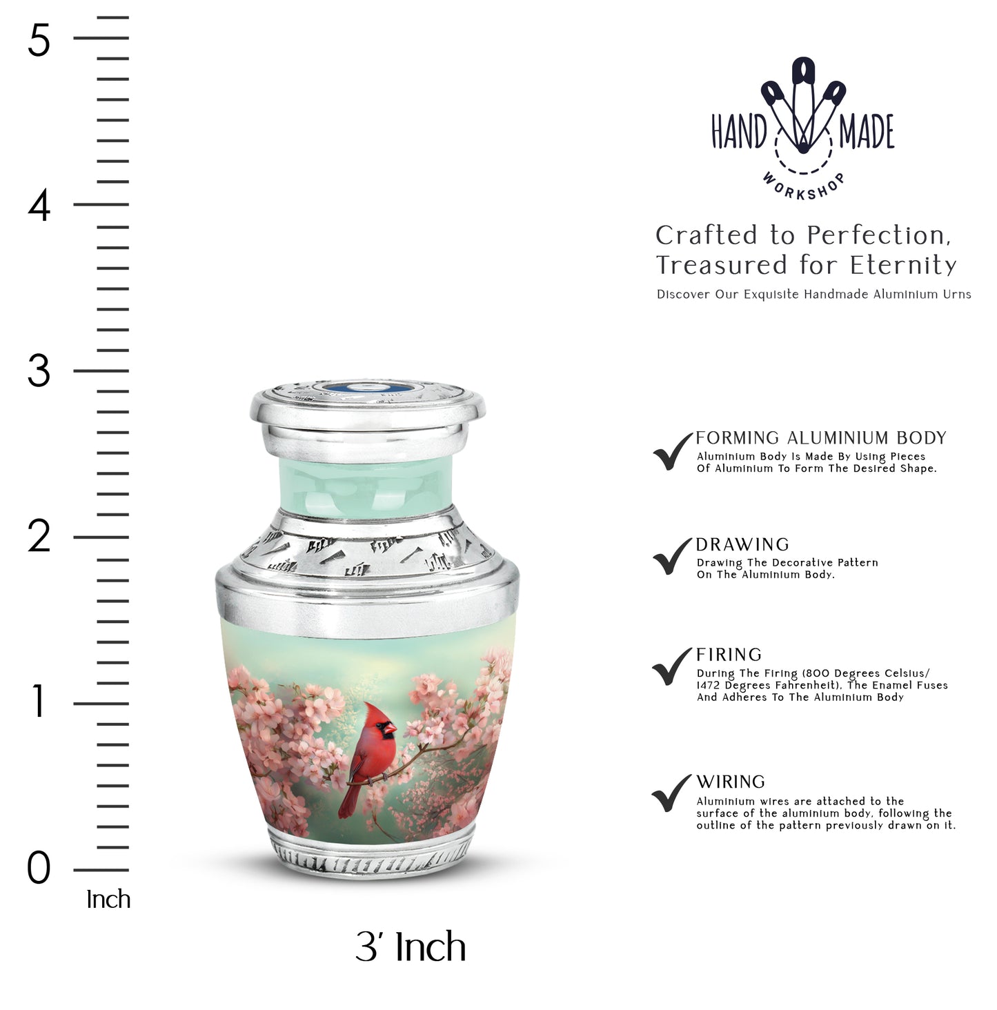 Emerald Green Cardinal Cremation Urn top-down view of secure threaded lid - contemporary cardinal design with modern artistic flair - mini keepsake memorial for portion of cremation ashes