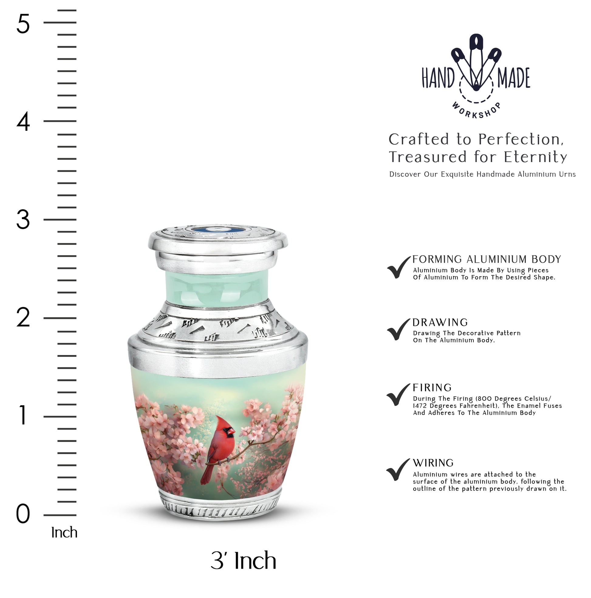 Emerald Green Cardinal Cremation Urn top-down view of secure threaded lid - contemporary cardinal design with modern artistic flair - mini keepsake memorial for portion of cremation ashes