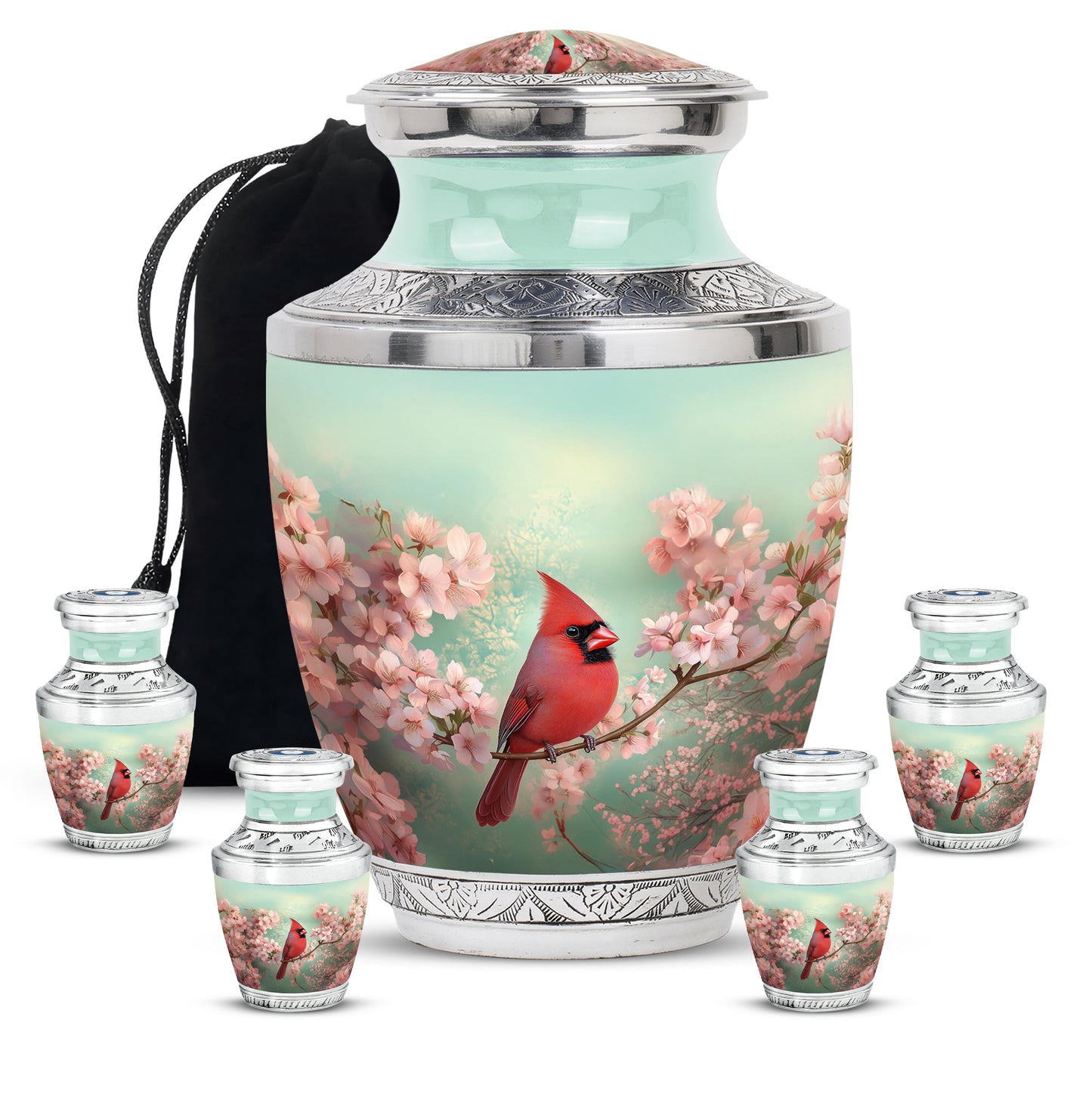 Sage Green Cardinal Cremation Urn lifestyle display on memorial shelf - contemporary cardinal design with modern artistic flair - memorial set with one large and four small urns
