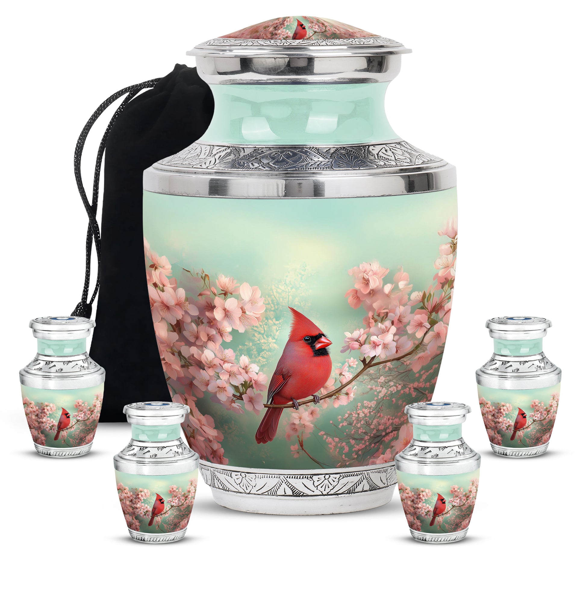 Sage Green Cardinal Cremation Urn lifestyle display on memorial shelf - contemporary cardinal design with modern artistic flair - memorial set with one large and four small urns