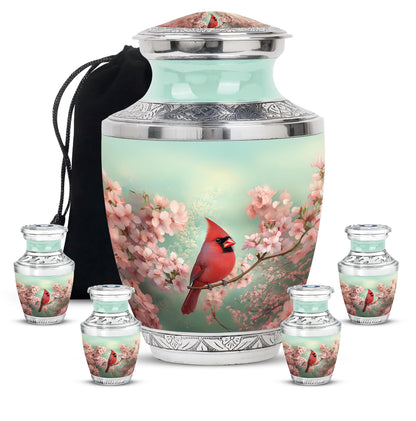 Sage Green Cardinal Cremation Urn lifestyle display on memorial shelf - contemporary cardinal design with modern artistic flair - memorial set with one large and four small urns