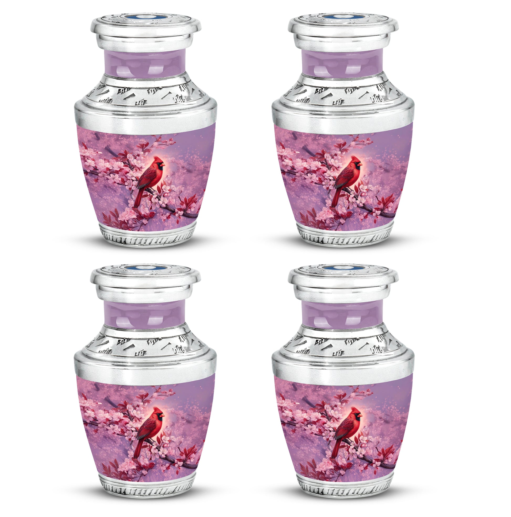 Vintage Pink Cardinal Cremation Urn back view with polished surface - artistic cardinal interpretation with creative detail - 10 inch aluminum urn for cremated remains