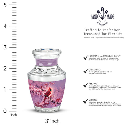 Soft Pink Cardinal Cremation Urn top-down view of secure threaded lid - artistic cardinal interpretation with creative detail - mini keepsake memorial for portion of cremation ashes