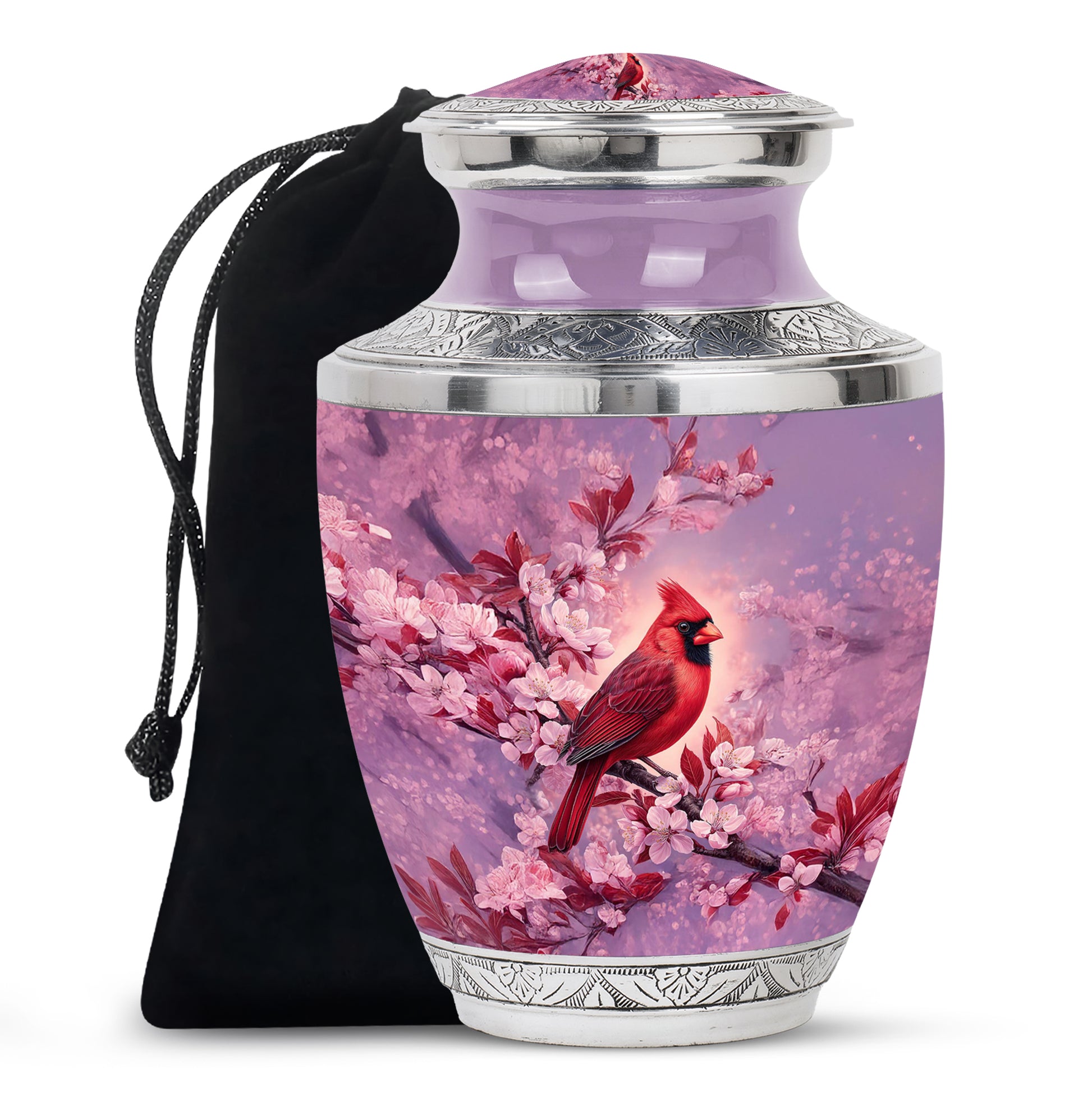 Blush Pink Cardinal Cremation Urn side profile showing urn shape - modern art-inspired cardinal motif on sleek aluminum - full-size 10 inch 200 cubic inch adult cremation urn