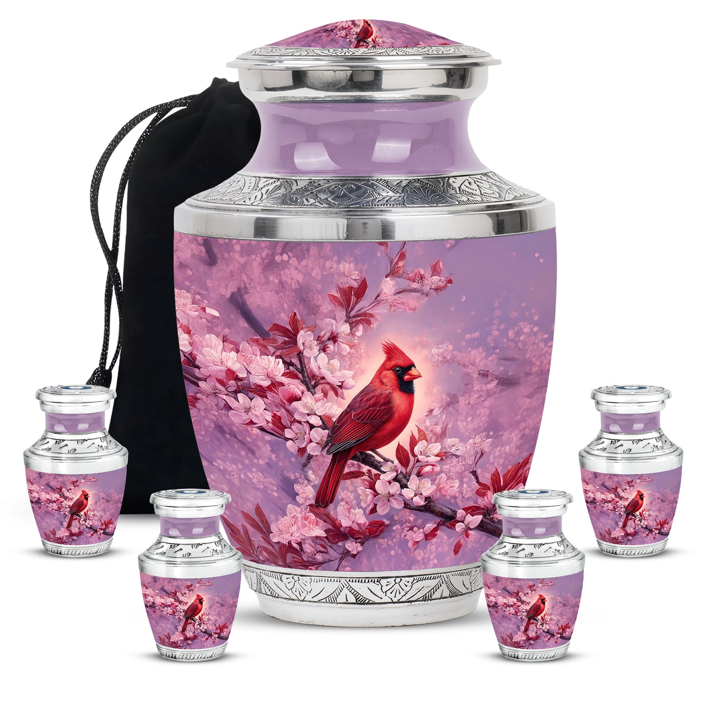 Pastel Pink Cardinal Cremation Urn lifestyle display on memorial shelf - contemporary cardinal design with modern artistic flair - memorial set with one large and four small urns