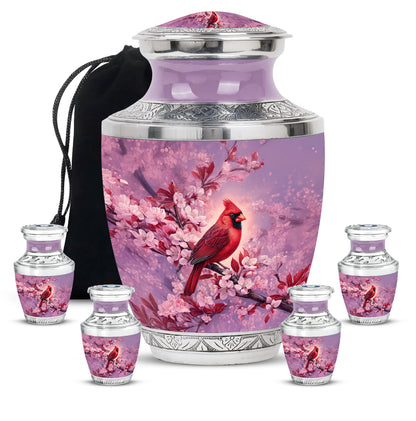 Pastel Pink Cardinal Cremation Urn lifestyle display on memorial shelf - contemporary cardinal design with modern artistic flair - memorial set with one large and four small urns