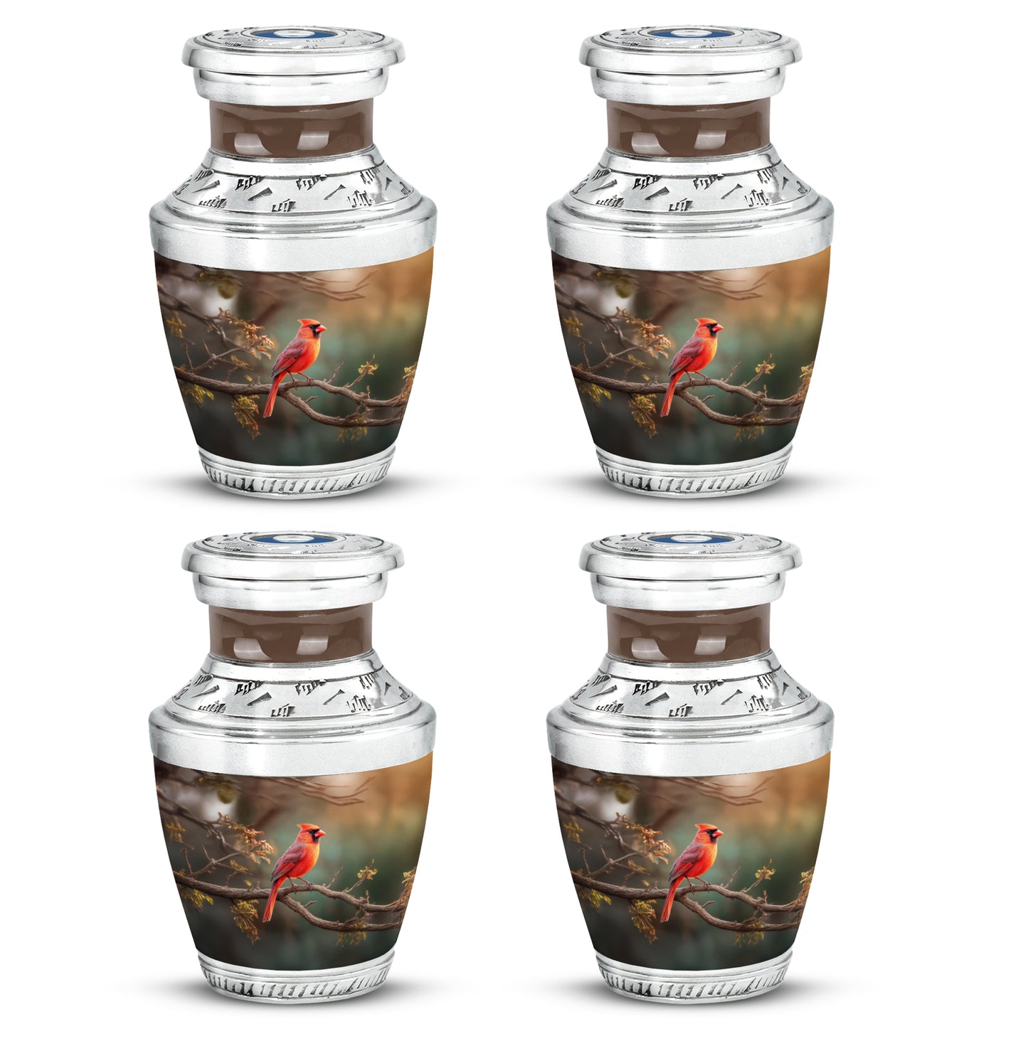 Sage Green Cardinal Cremation Urn back view with polished surface - contemporary cardinal design with modern artistic flair - 10 inch aluminum urn for cremated remains