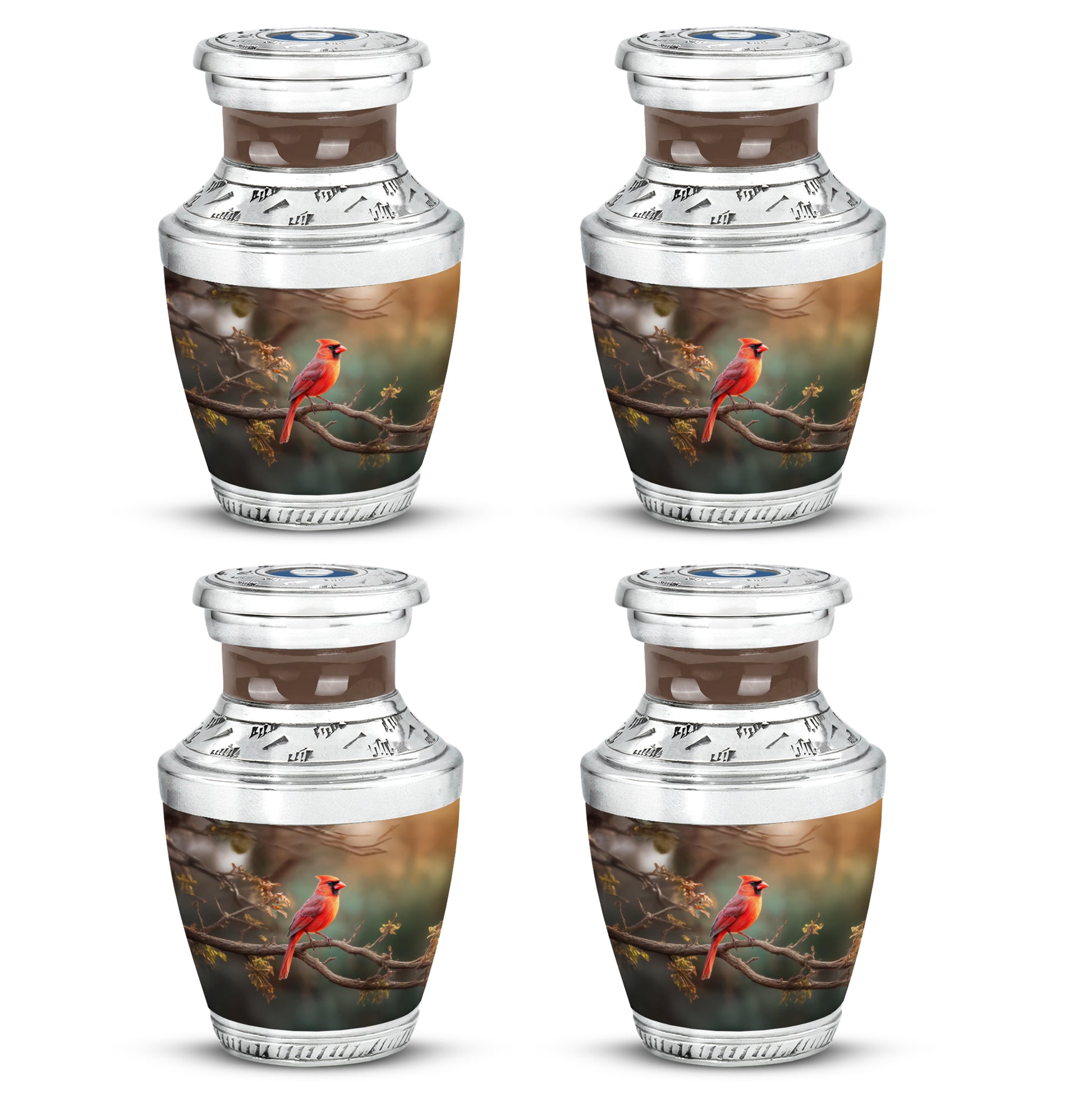 Sage Green Cardinal Cremation Urn back view with polished surface - contemporary cardinal design with modern artistic flair - 10 inch aluminum urn for cremated remains