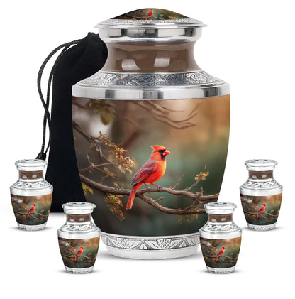 Verdant Green Cardinal Cremation Urn lifestyle display on memorial shelf - contemporary cardinal design with modern artistic flair - memorial set with one large and four small urns