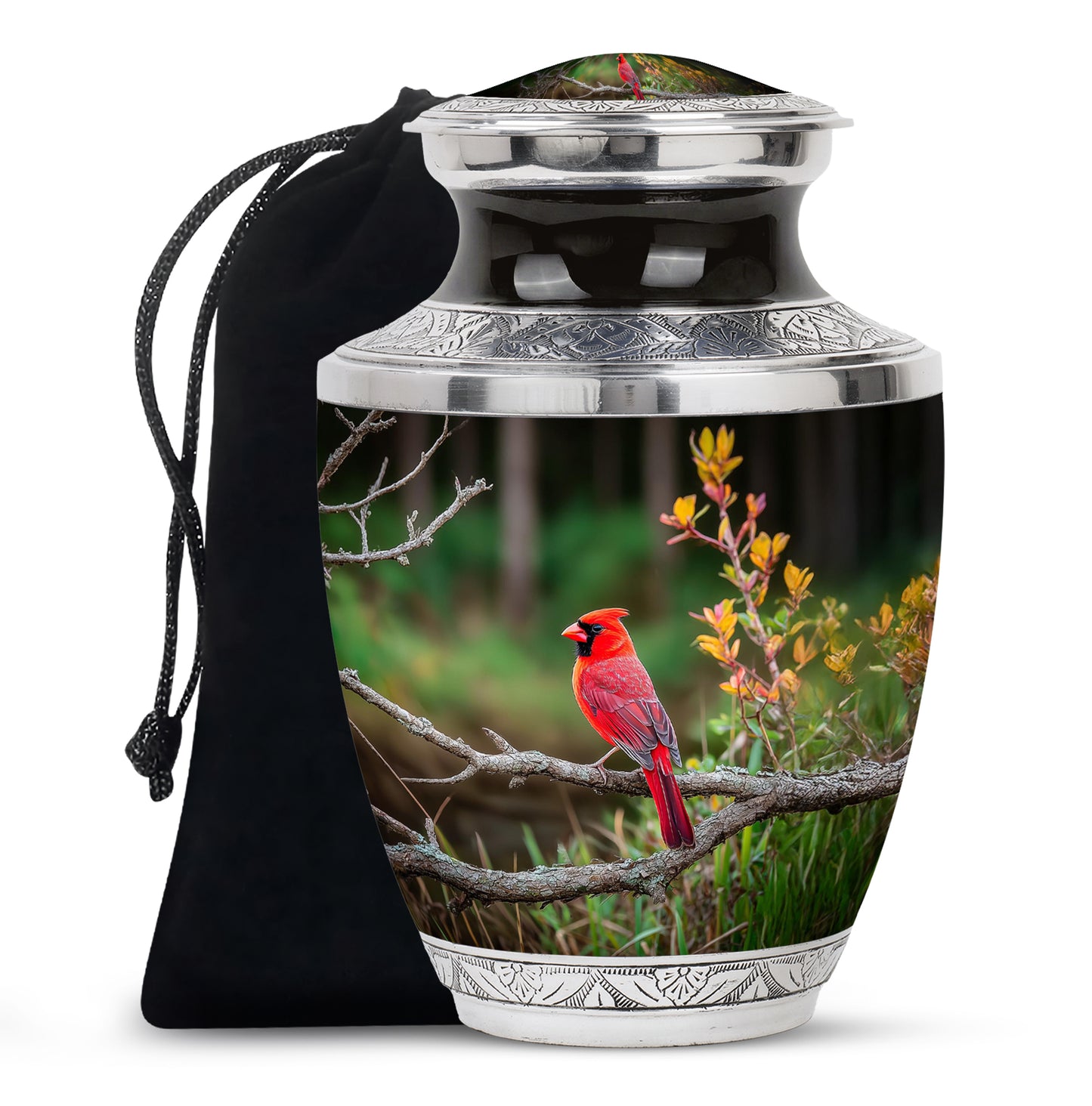 Mint Green Cardinal Cremation Urn side profile showing urn shape - stylized abstract cardinal pattern with bold lines - full-size 10 inch 200 cubic inch adult cremation urn