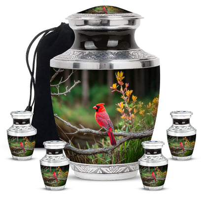 Olive Green Cardinal Cremation Urn lifestyle display on memorial shelf - artistic cardinal interpretation with creative detail - memorial set with one large and four small urns
