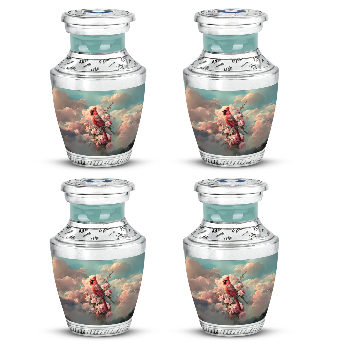 Ocean Teal Cardinal Cremation Urn back view with polished surface - modern art-inspired cardinal motif on sleek aluminum - 10 inch aluminum urn for cremated remains