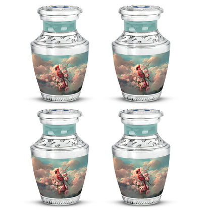 Ocean Teal Cardinal Cremation Urn back view with polished surface - modern art-inspired cardinal motif on sleek aluminum - 10 inch aluminum urn for cremated remains
