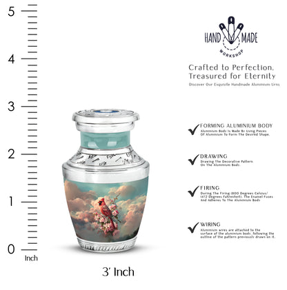 Vivid Teal Cardinal Cremation Urn top-down view of secure threaded lid - artistic cardinal interpretation with creative detail - mini keepsake memorial for portion of cremation ashes