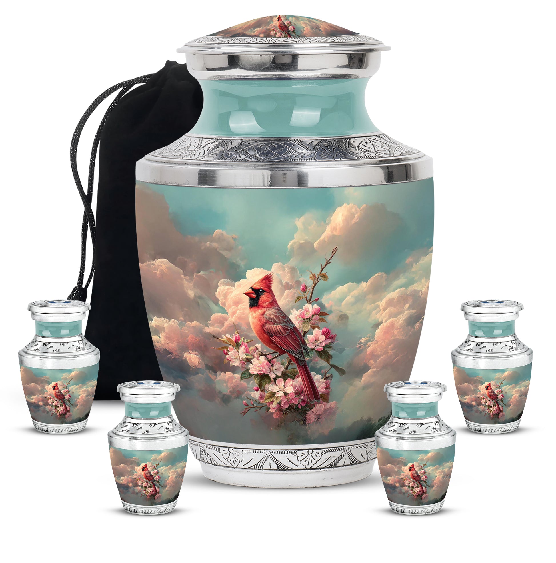 Vivid Teal Cardinal Cremation Urn lifestyle display on memorial shelf - stylized abstract cardinal pattern with bold lines - memorial set with one large and four small urns