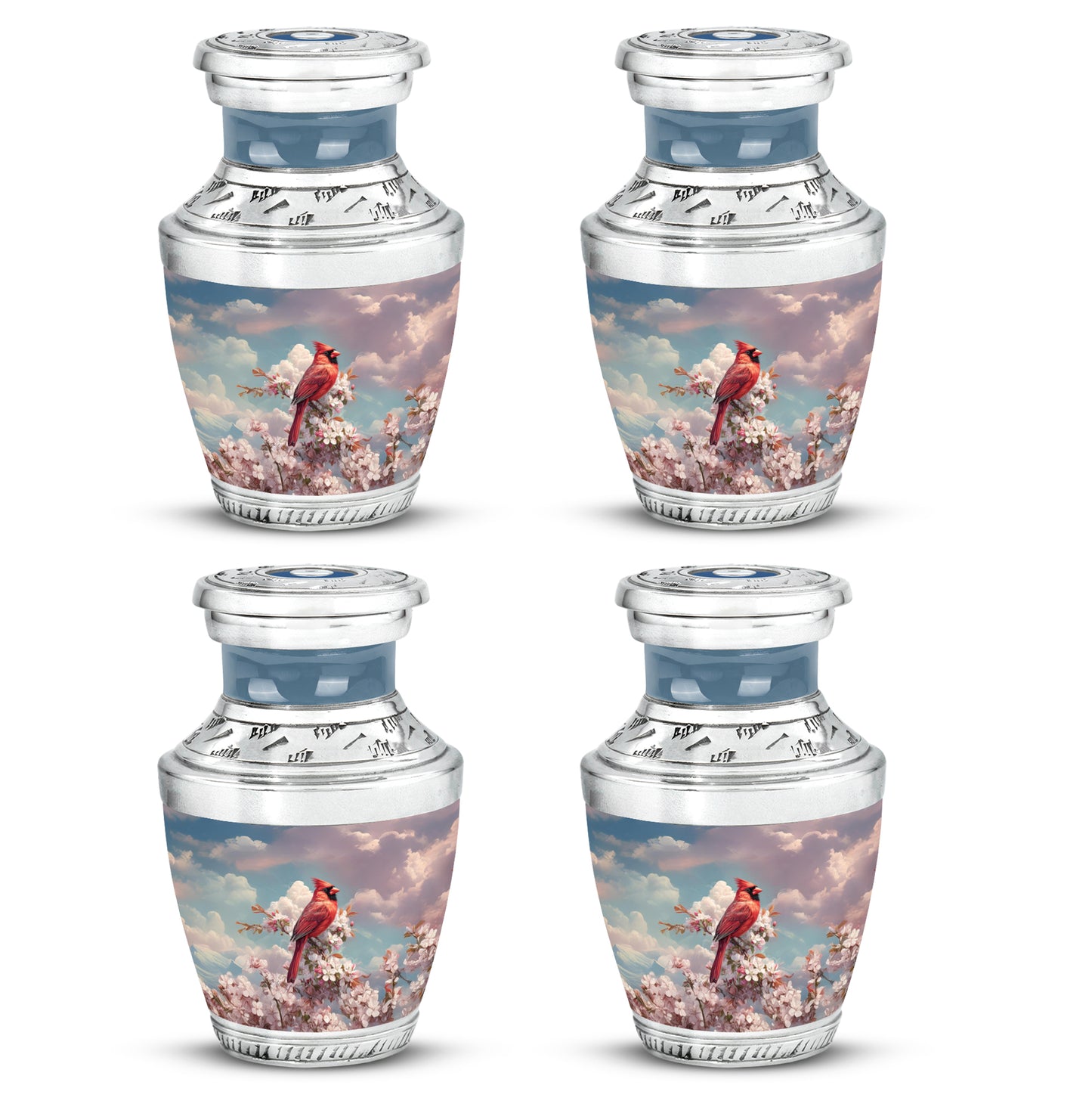 Bright Blue Cardinal Cremation Urn back view with polished surface - artistic cardinal interpretation with creative detail - 10 inch aluminum urn for cremated remains