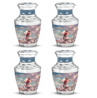 Bright Blue Cardinal Cremation Urn back view with polished surface - artistic cardinal interpretation with creative detail - 10 inch aluminum urn for cremated remains